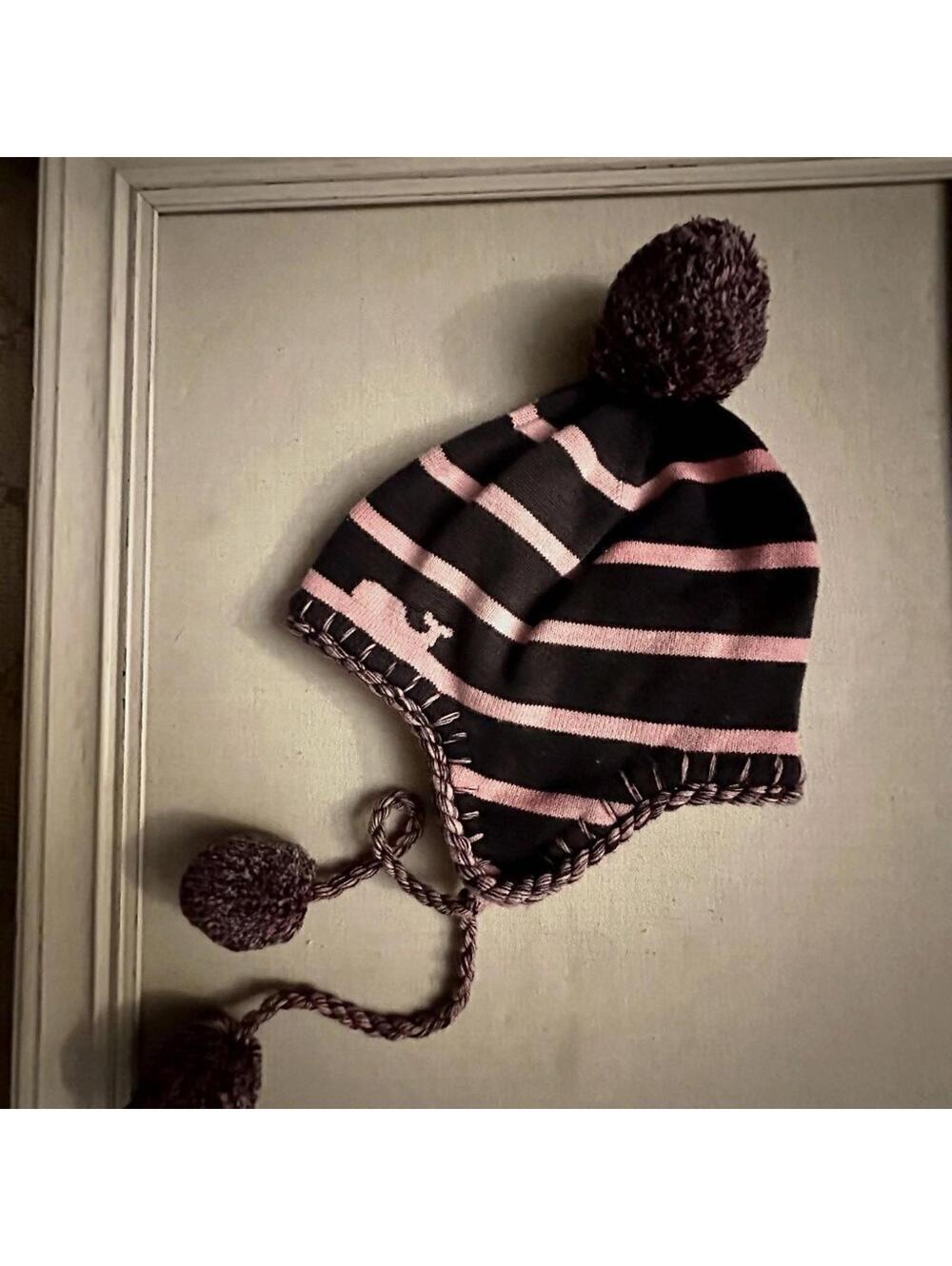 Vineyard Vines pink and blue striped Pom Pom hat with side braids - OS